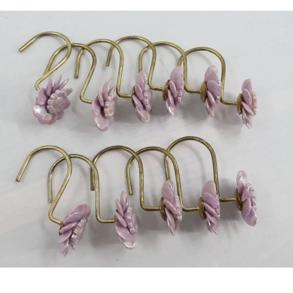 Vintage Purple Flower Shower Curtain Hooks Plastic and Gold Metal Hook Cottage